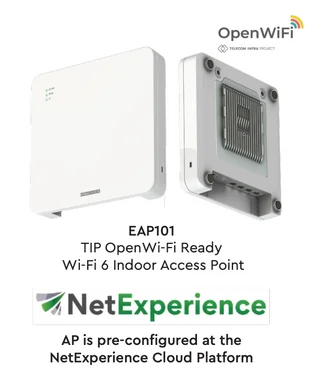 Ponto de acesso Edgecore EAP101 visto de frente e de costas, com os selos OpenWiFi e NetExperience, indicando que o AP é pré-configurado na plataforma em nuvem.