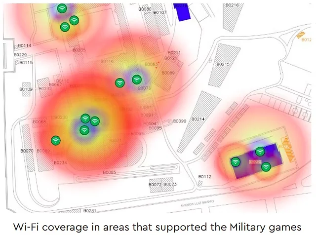 Planta da EsPCEx com mapa de calor da cobertura Wi-Fi e a posição dos pontos de acesso nas áreas que receberam os Jogos Militares.